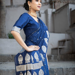 German Blue Alfi Motif Banarasi Zari Border Saree And Pallu