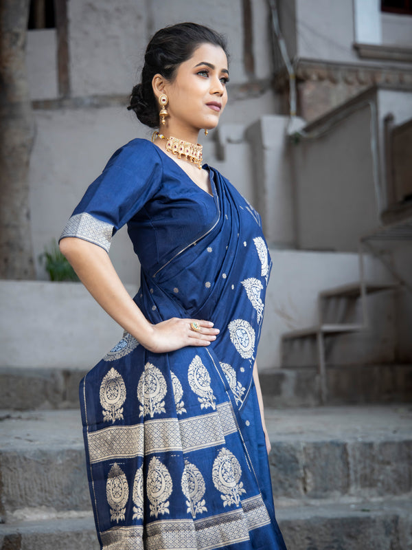 German Blue Alfi Motif Banarasi Zari Border Saree And Pallu