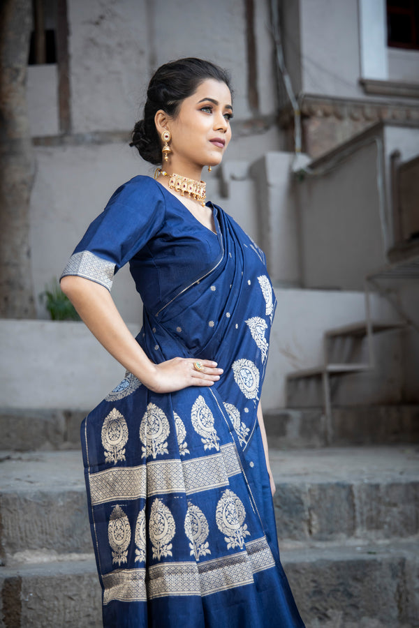 German Blue Alfi Motif Banarasi Zari Border Saree And Pallu