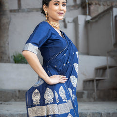 German Blue Alfi Motif Banarasi Zari Border Saree And Pallu