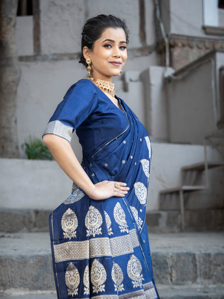 German Blue Alfi Motif Banarasi Zari Border Saree And Pallu