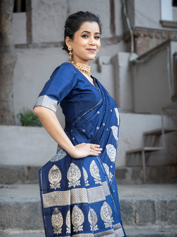 German Blue Alfi Motif Banarasi Zari Border Saree And Pallu