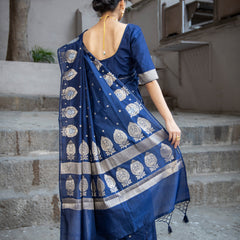 German Blue Alfi Motif Banarasi Zari Border Saree And Pallu