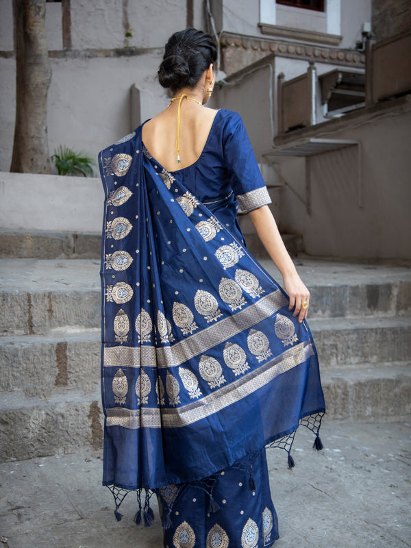 German Blue Alfi Motif Banarasi Zari Border Saree And Pallu