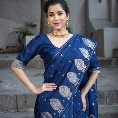 German Blue Alfi Motif Banarasi Zari Border Saree And Pallu