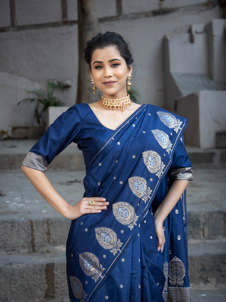 German Blue Alfi Motif Banarasi Zari Border Saree And Pallu