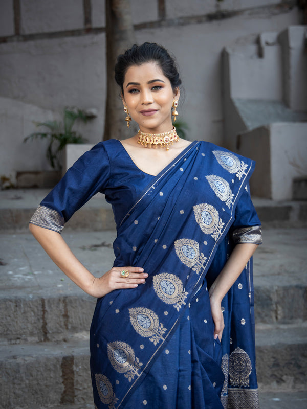 German Blue Alfi Motif Banarasi Zari Border Saree And Pallu