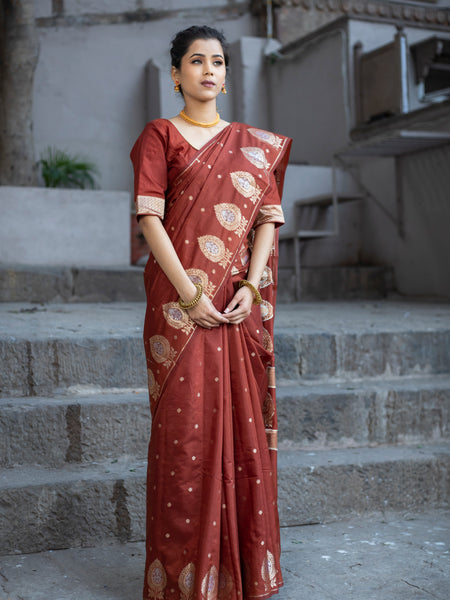 Maroon Brown Alfi Motif Banarasi Zari Border Saree And Pallu