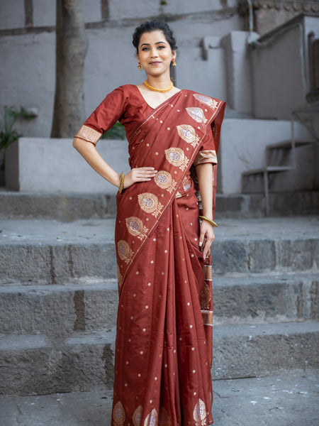 Maroon Brown Alfi Motif Banarasi Zari Border Saree And Pallu