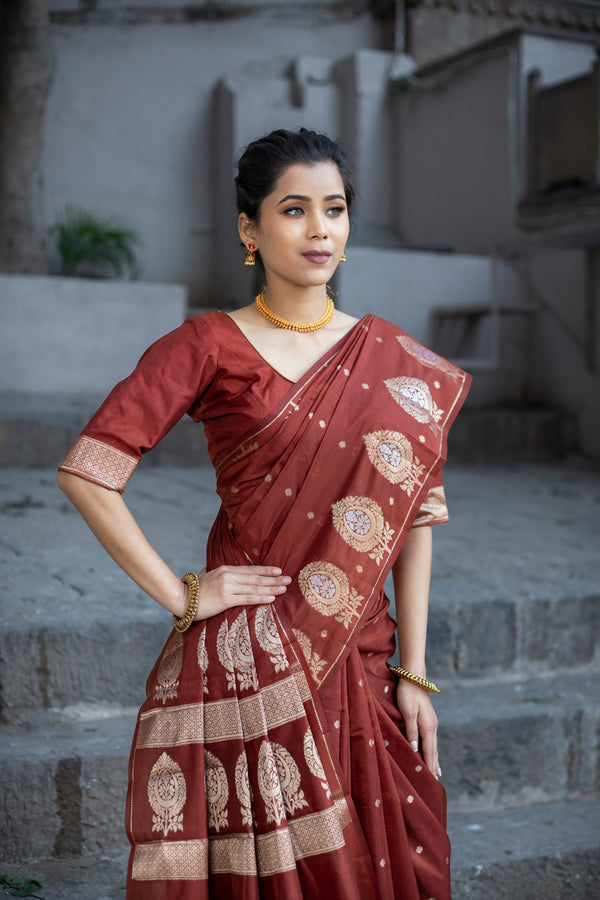 Maroon Brown Alfi Motif Banarasi Zari Border Saree And Pallu