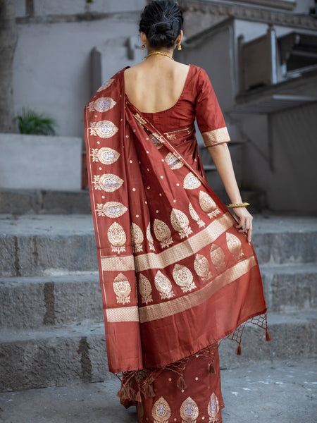 Maroon Brown Alfi Motif Banarasi Zari Border Saree And Pallu