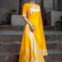 Yellow Golden Siroski Intricate Stone Work Banarasi Mashru Silk Saree