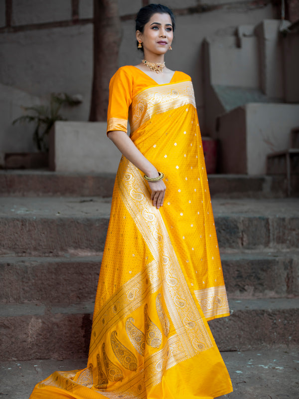 Yellow Golden Siroski Intricate Stone Work Banarasi Mashru Silk Saree