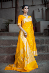 Yellow Golden Siroski Intricate Stone Work Banarasi Mashru Silk Saree