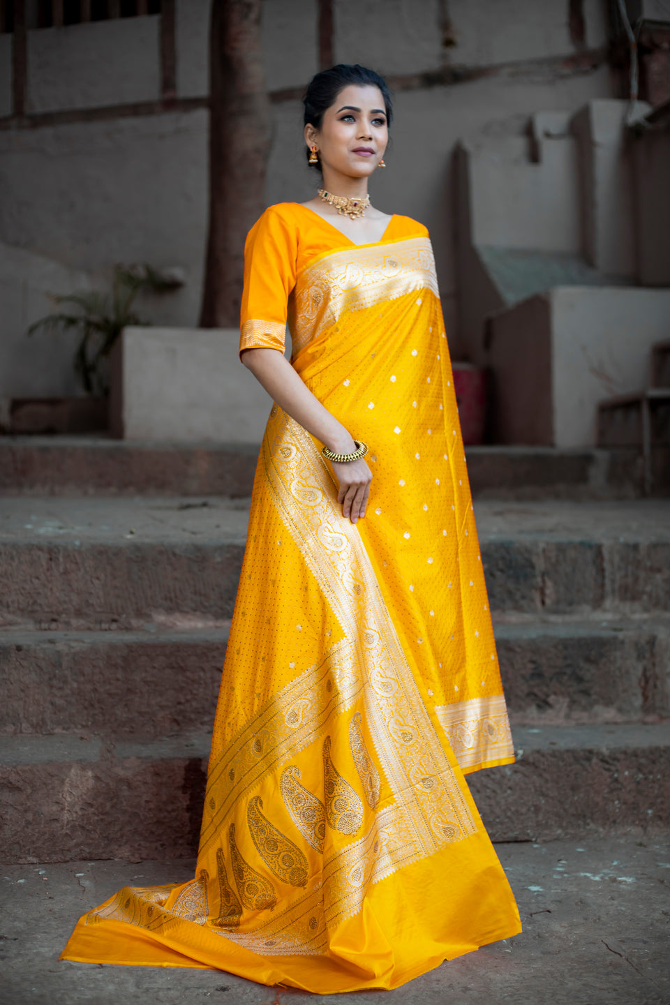 Yellow Golden Siroski Intricate Stone Work Banarasi Mashru Silk Saree