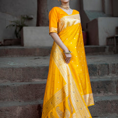 Yellow Golden Siroski Intricate Stone Work Banarasi Mashru Silk Saree