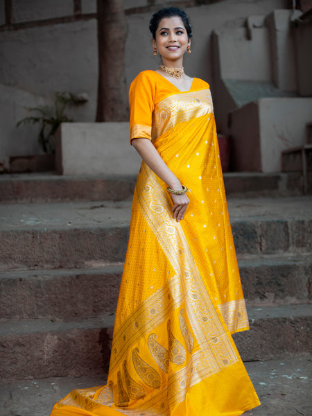 Yellow Golden Siroski Intricate Stone Work Banarasi Mashru Silk Saree
