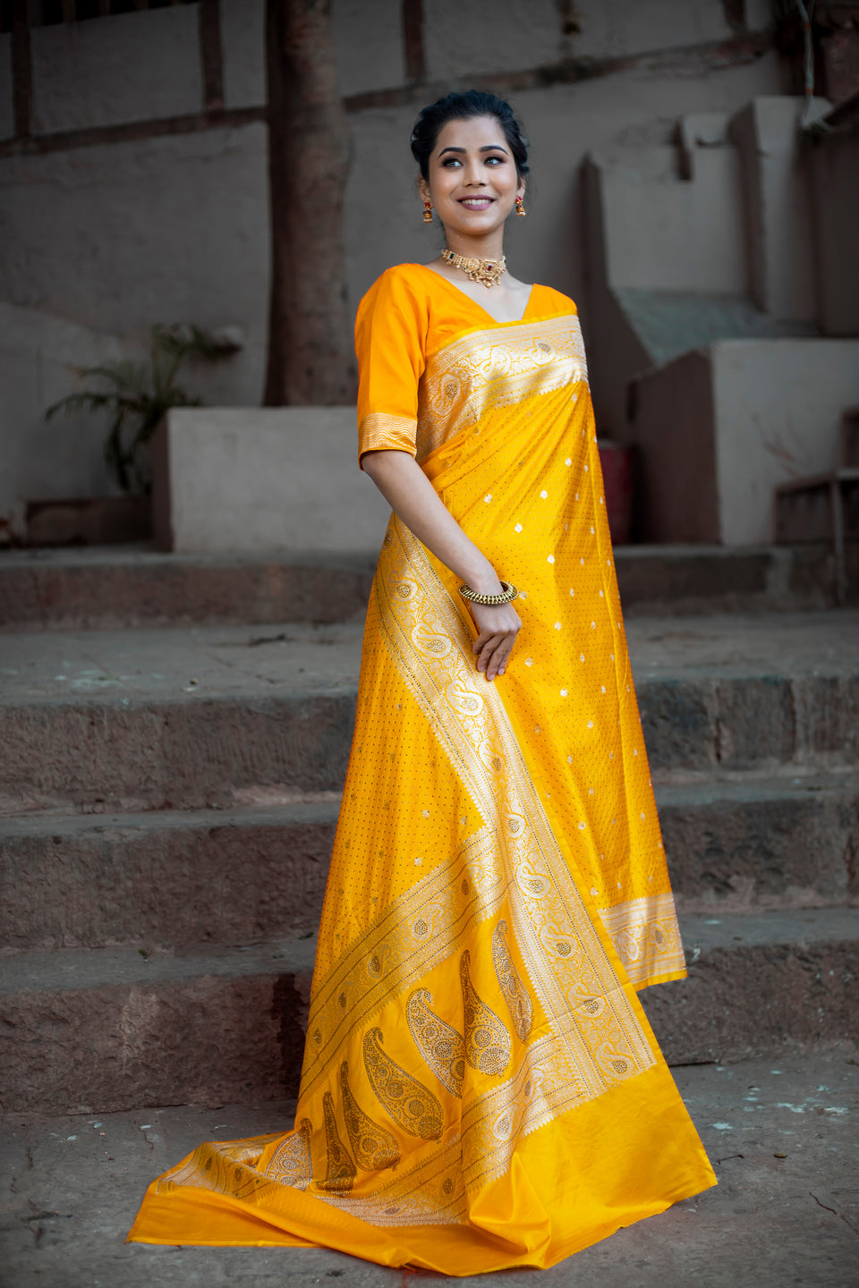 Yellow Golden Siroski Intricate Stone Work Banarasi Mashru Silk Saree