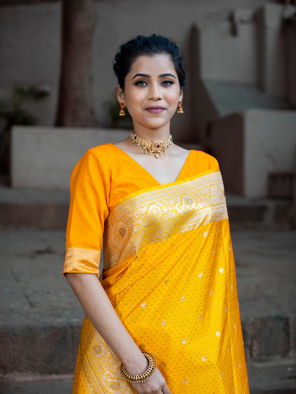 Yellow Golden Siroski Intricate Stone Work Banarasi Mashru Silk Saree