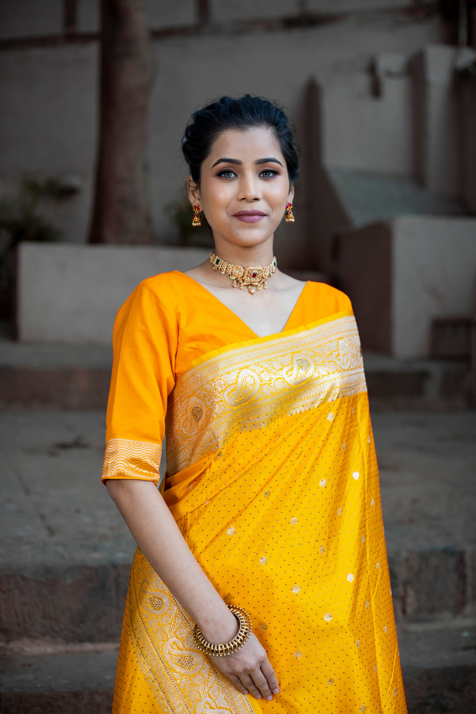 Yellow Golden Siroski Intricate Stone Work Banarasi Mashru Silk Saree