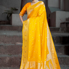 Yellow Golden Siroski Intricate Stone Work Banarasi Mashru Silk Saree