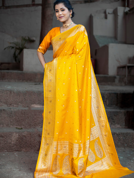 Yellow Golden Siroski Intricate Stone Work Banarasi Mashru Silk Saree