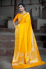 Yellow Golden Siroski Intricate Stone Work Banarasi Mashru Silk Saree