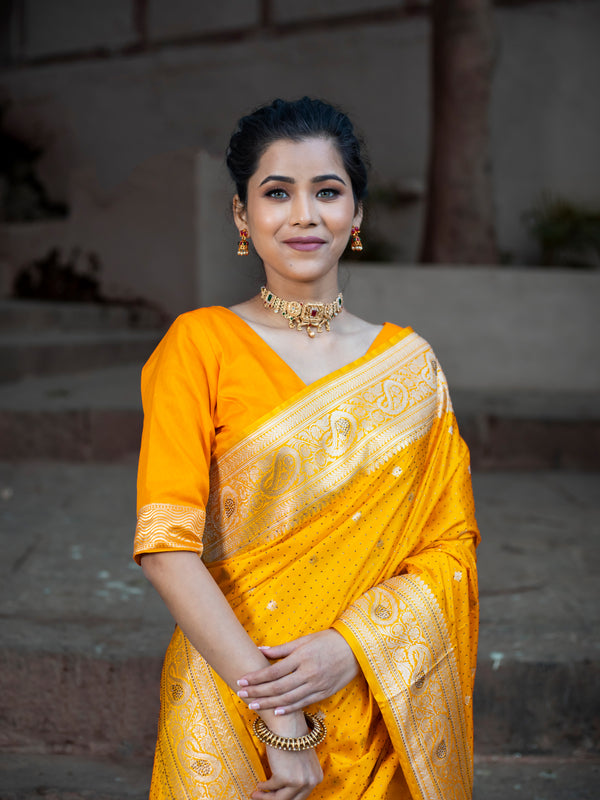 Yellow Golden Siroski Intricate Stone Work Banarasi Mashru Silk Saree