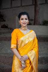 Yellow Golden Siroski Intricate Stone Work Banarasi Mashru Silk Saree