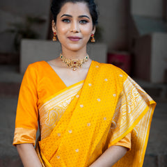 Yellow Golden Siroski Intricate Stone Work Banarasi Mashru Silk Saree