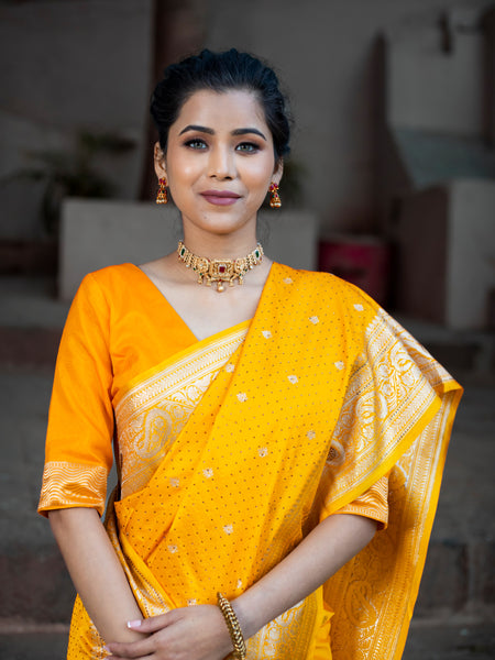 Yellow Golden Siroski Intricate Stone Work Banarasi Mashru Silk Saree