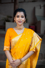 Yellow Golden Siroski Intricate Stone Work Banarasi Mashru Silk Saree