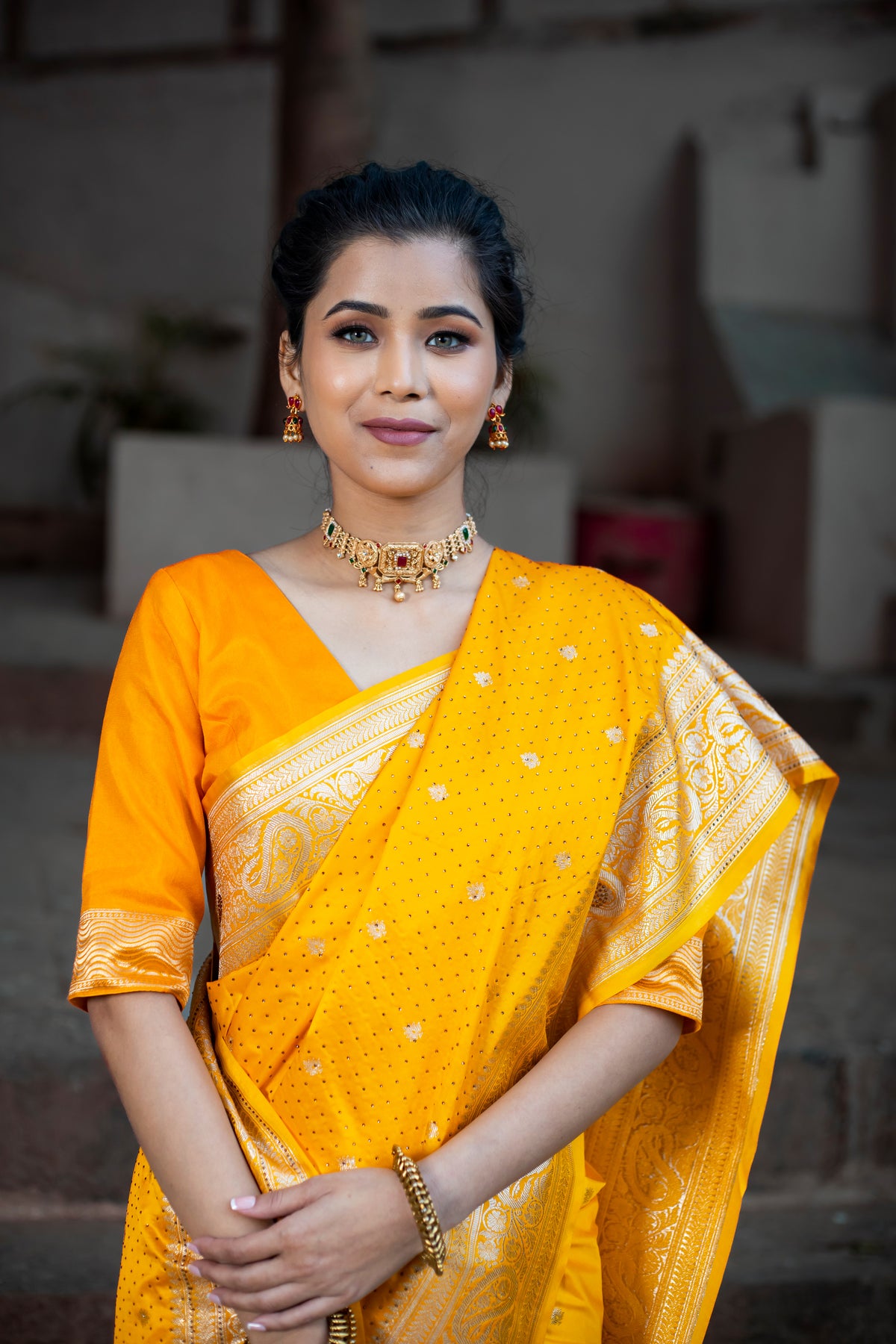 Yellow Golden Siroski Intricate Stone Work Banarasi Mashru Silk Saree