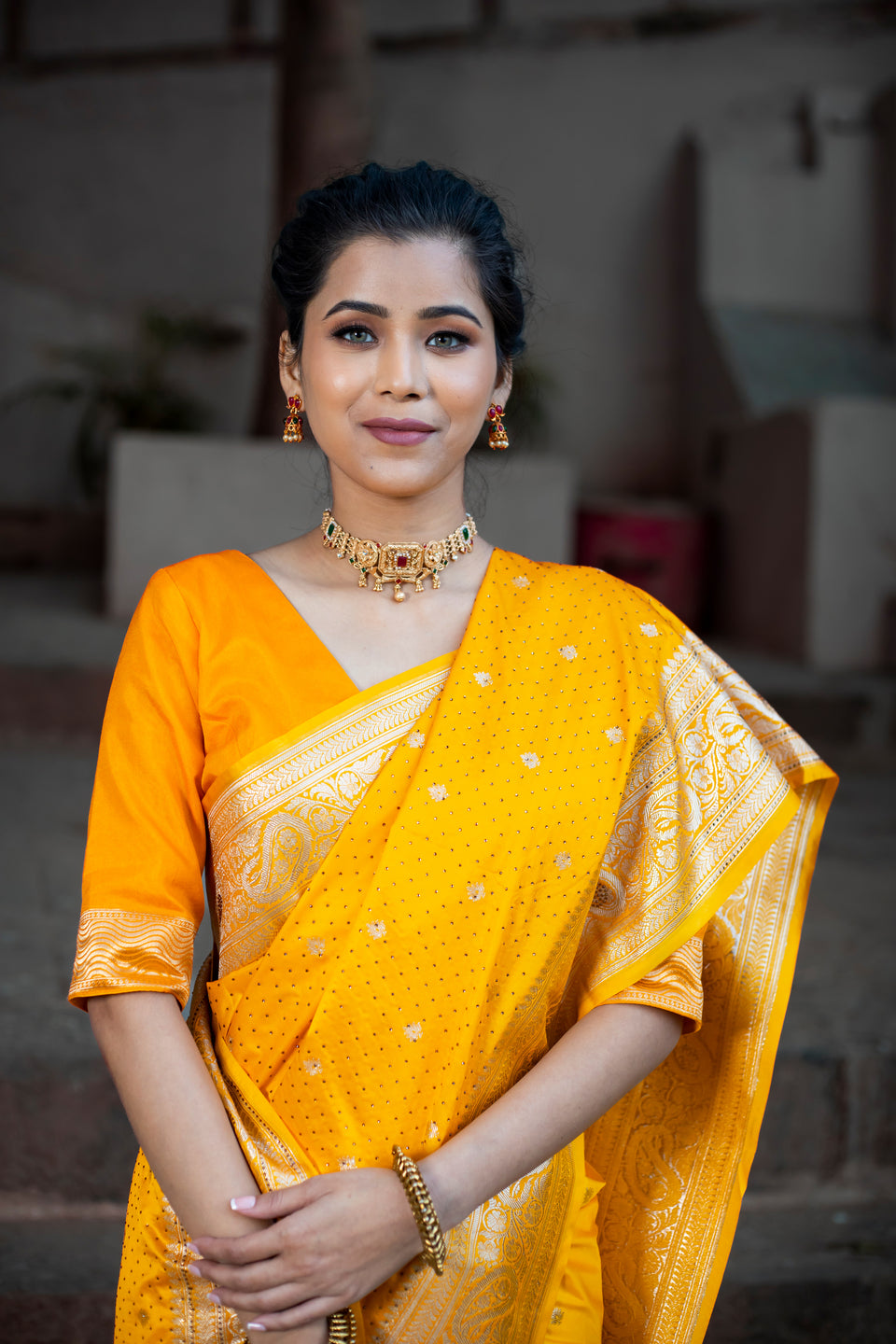 Yellow Golden Siroski Intricate Stone Work Banarasi Mashru Silk Saree
