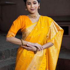 Yellow Golden Siroski Intricate Stone Work Banarasi Mashru Silk Saree