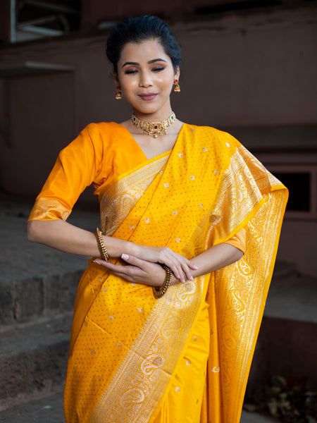Yellow Golden Siroski Intricate Stone Work Banarasi Mashru Silk Saree