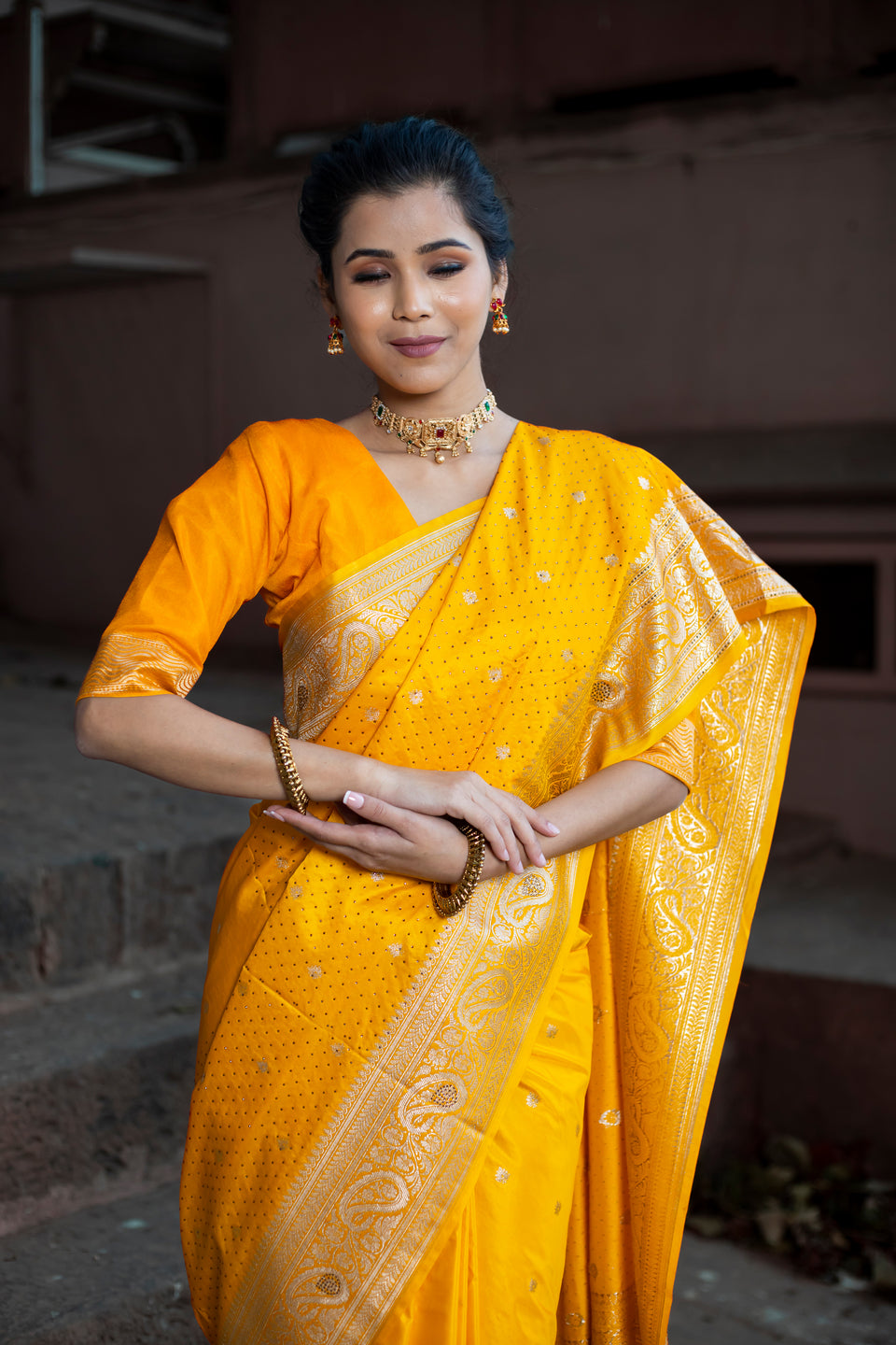 Yellow Golden Siroski Intricate Stone Work Banarasi Mashru Silk Saree