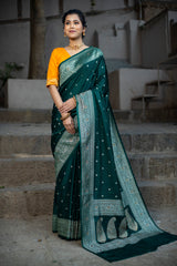 Bottle Green Siroski Intricate Stone Work Banarasi Mashru Silk Saree