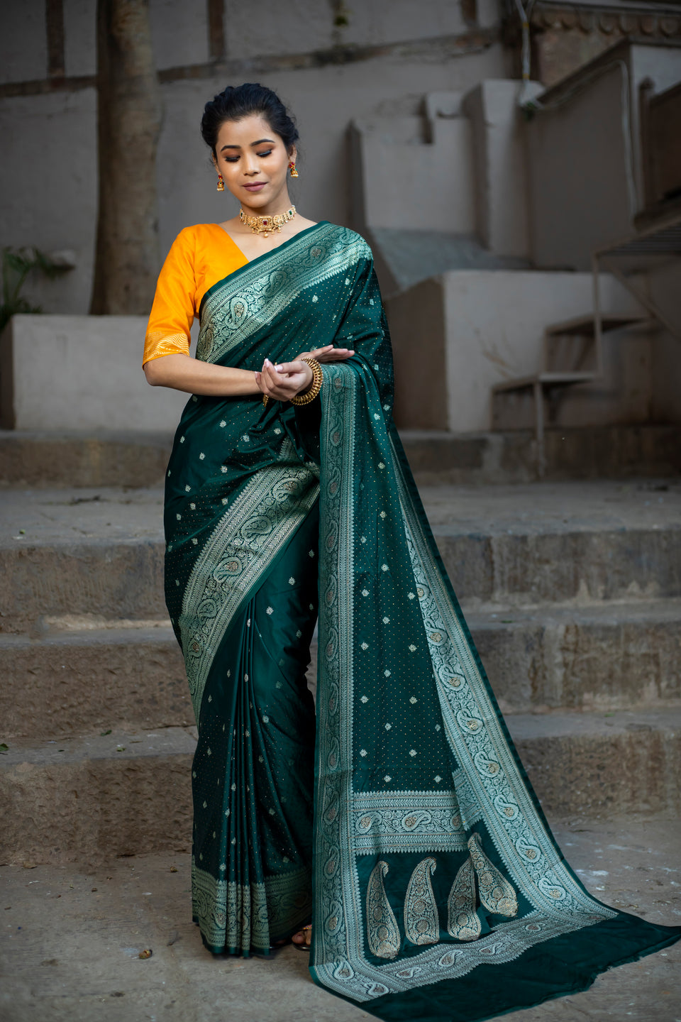 Bottle Green Siroski Intricate Stone Work Banarasi Mashru Silk Saree