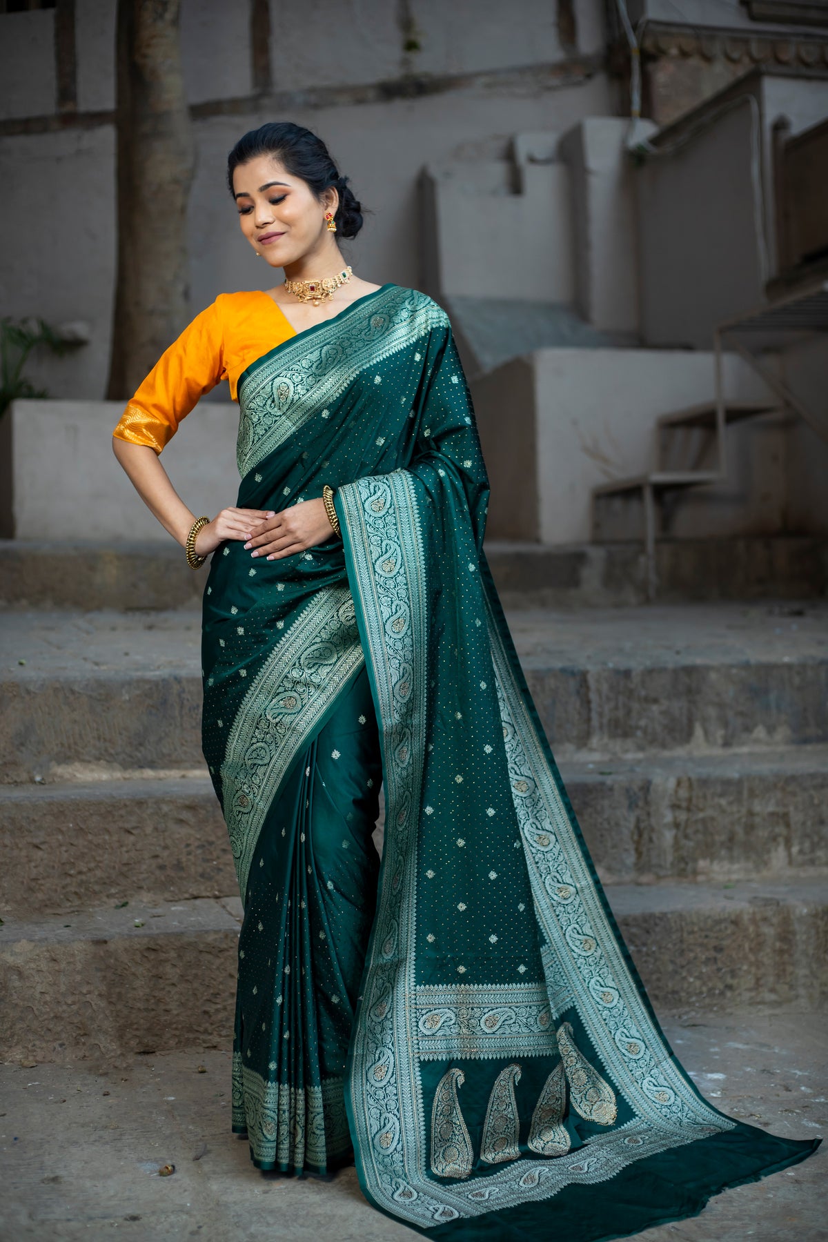 Bottle Green Siroski Intricate Stone Work Banarasi Mashru Silk Saree