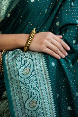 Bottle Green Siroski Intricate Stone Work Banarasi Mashru Silk Saree