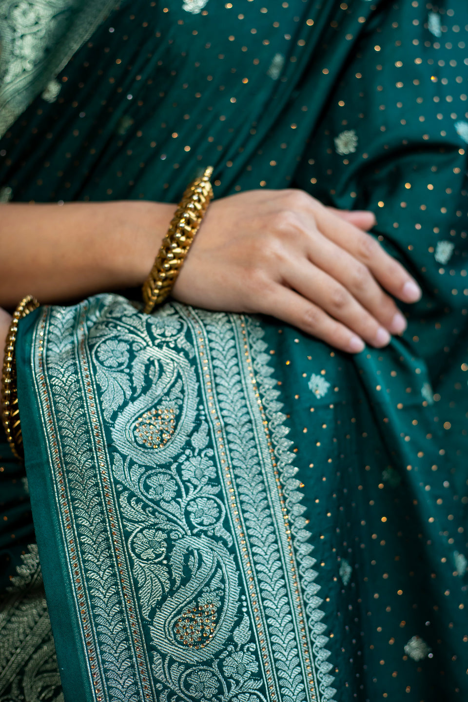 Bottle Green Siroski Intricate Stone Work Banarasi Mashru Silk Saree