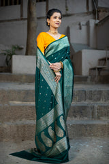 Bottle Green Siroski Intricate Stone Work Banarasi Mashru Silk Saree