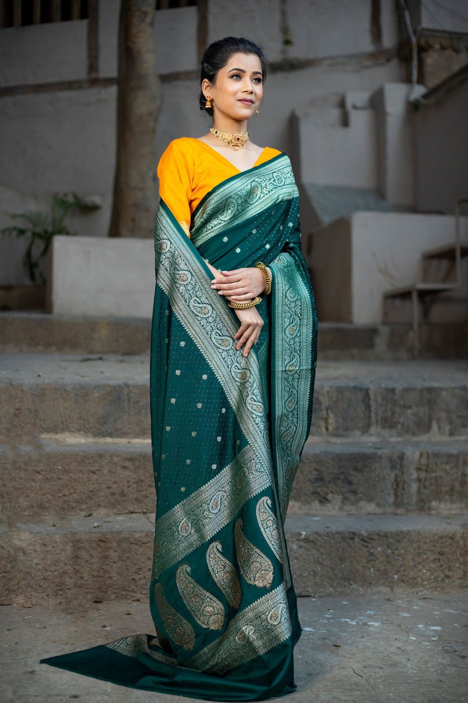 Bottle Green Siroski Intricate Stone Work Banarasi Mashru Silk Saree