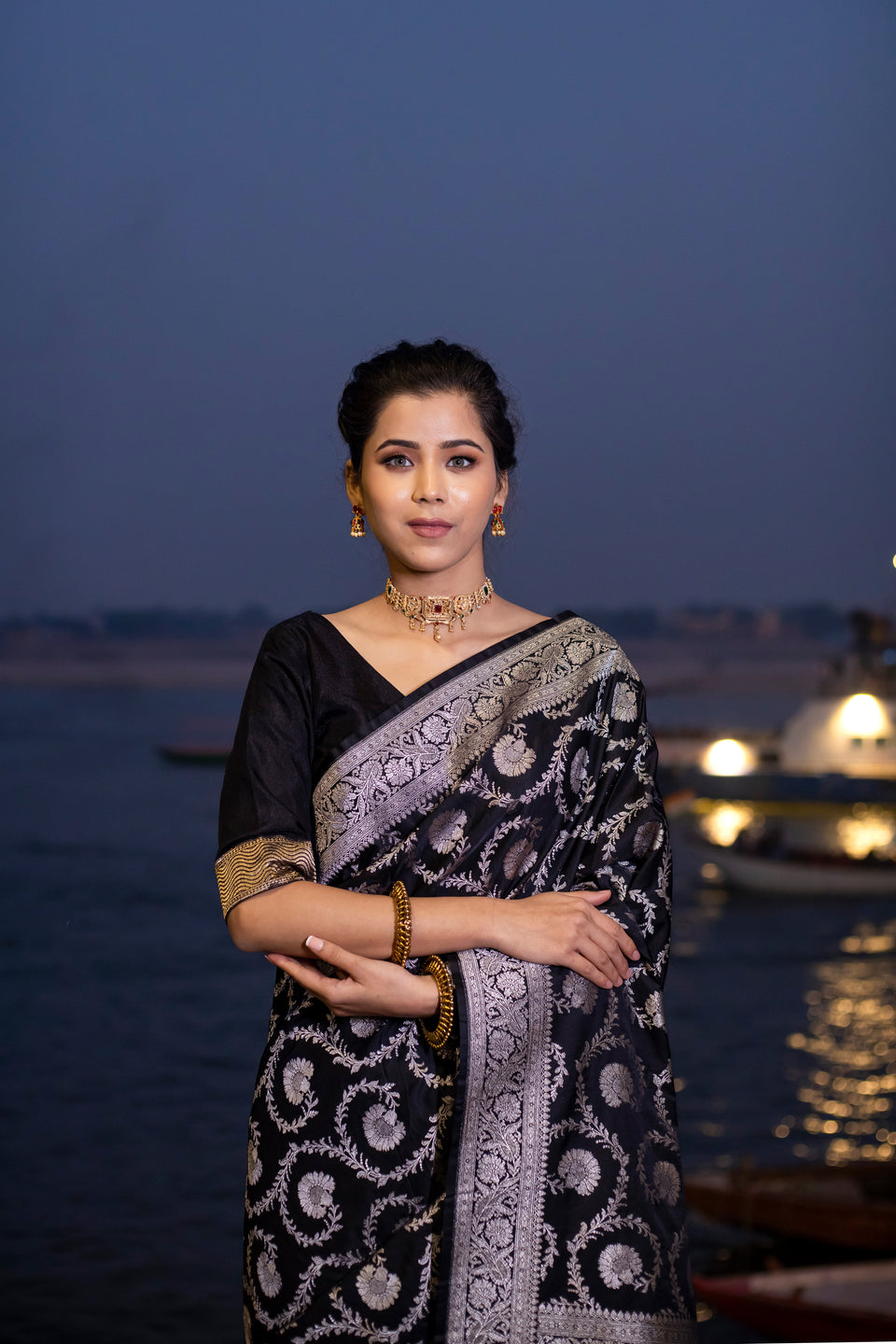 Black Floral Jaal Banarasi Mashru Silk Saree | Soft & Elegant