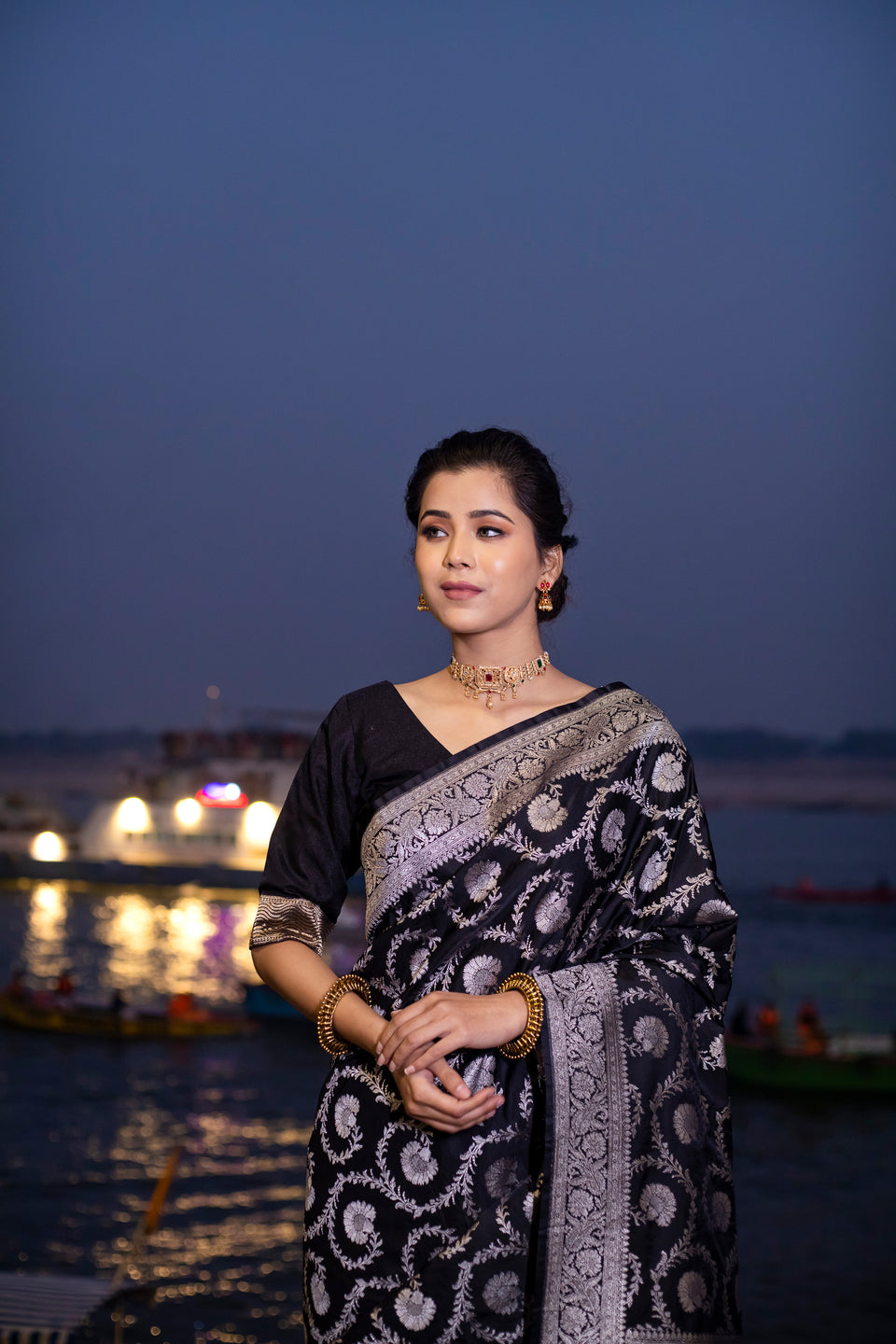 Black Floral Jaal Banarasi Mashru Silk Saree | Soft & Elegant