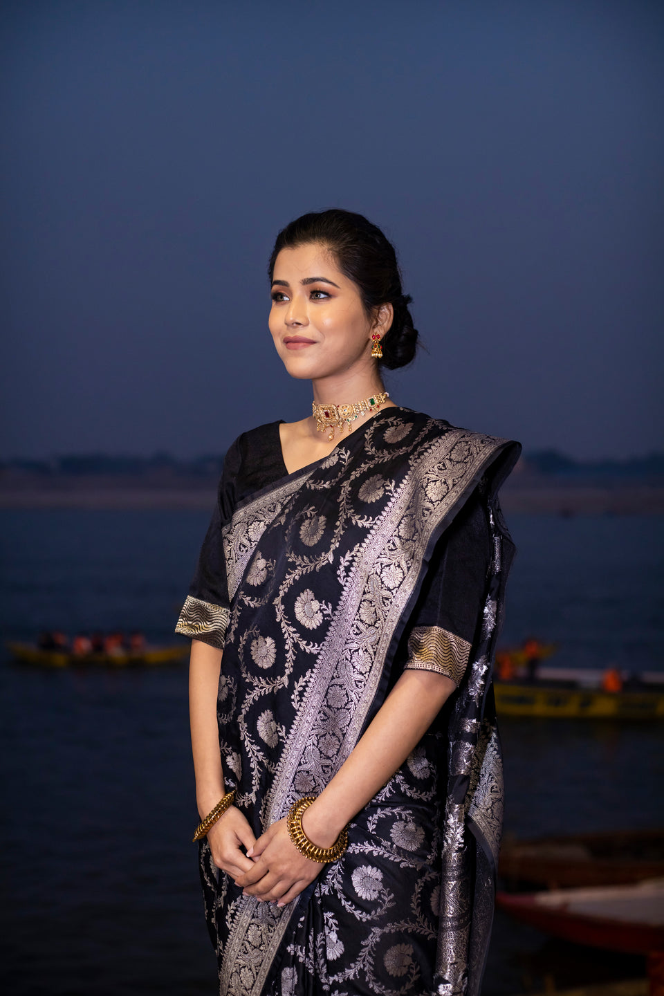Black Floral Jaal Banarasi Mashru Silk Saree | Soft & Elegant