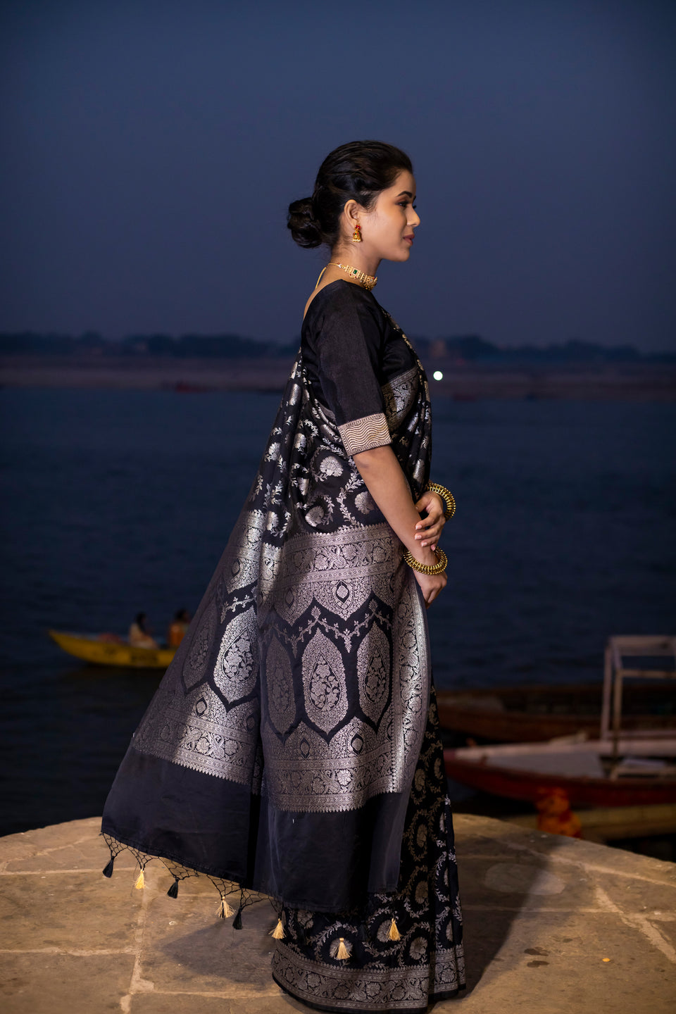 Black Floral Jaal Banarasi Mashru Silk Saree | Soft & Elegant