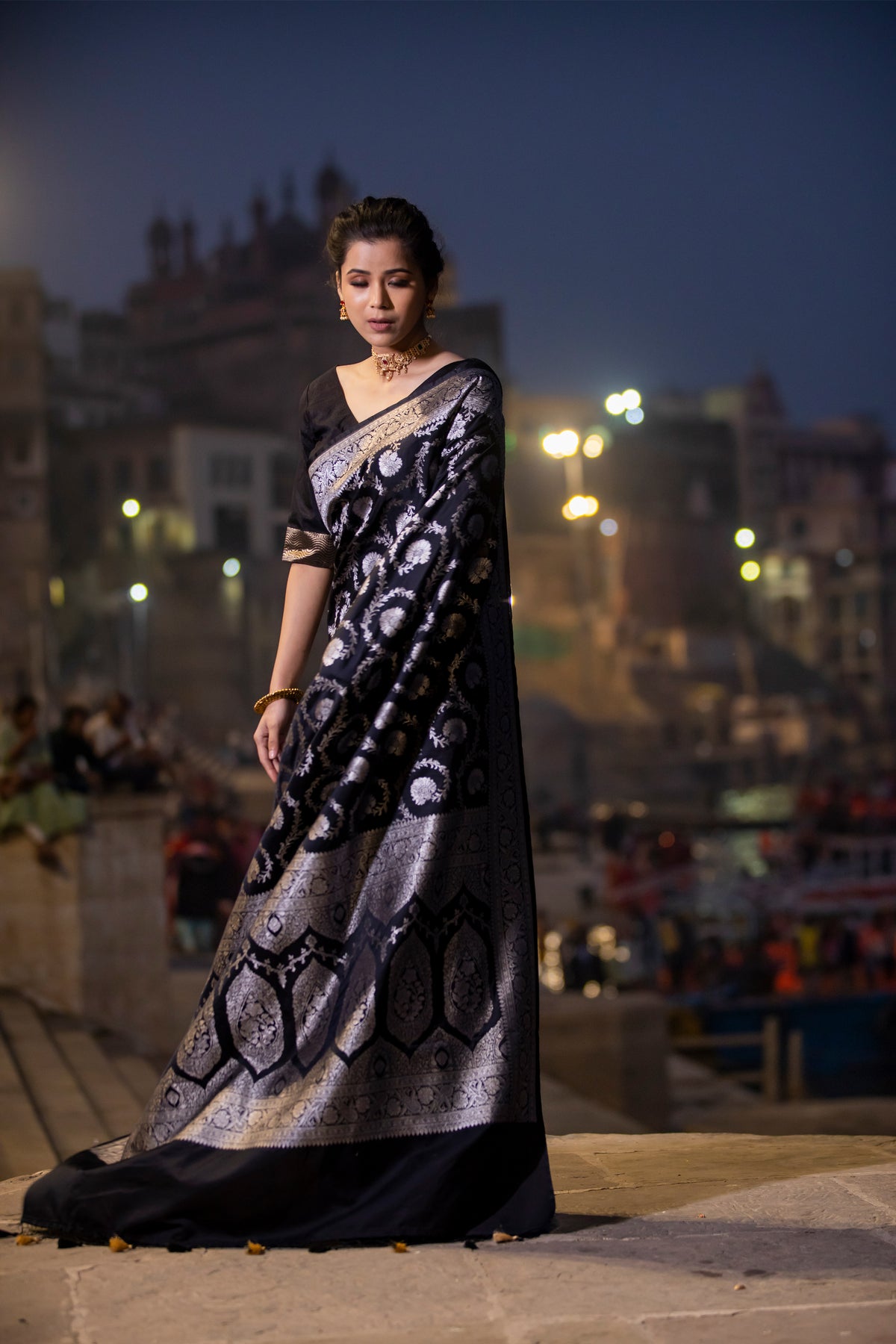 Black Floral Jaal Banarasi Mashru Silk Saree | Soft & Elegant