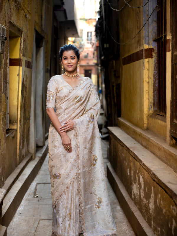 Exquisite Banarasi Kat Dana work designer pure tissue crape silk saree